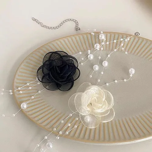 Vista 7 de Gargantilla de perlas de flor bohemia para gargantilla floral, collar de cadena con cuentas de perlas delicadas para mujer, collar de flores