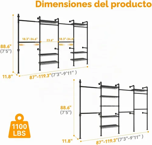 Vista 5 de Higeego W4 - Perchero industrial de tubería montado en la pared, sistema de armario expandible para colgar ropa, perchero resistente ajustable