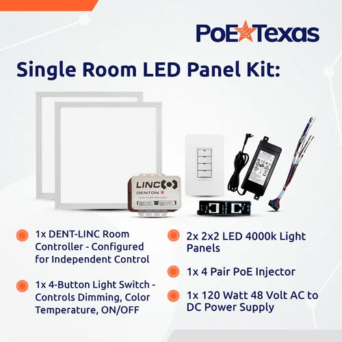 Vista 3 de PoE Texas PoE - Kit de luz inteligente con iluminación empotrada, kit de habitación individual preprogramada, luz LED de panel plano dual de 2 x 2