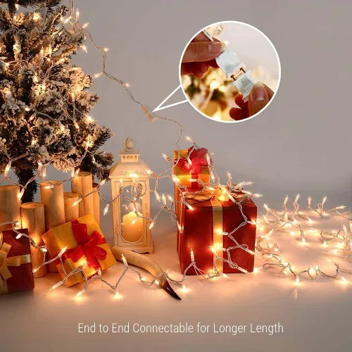 Vista 6 de ODEETRONIC Luces cálidas de Navidad - 100 bombillas, 6.6 metros de longitud, luces intermitentes y constantes transparentes, con certificación UL