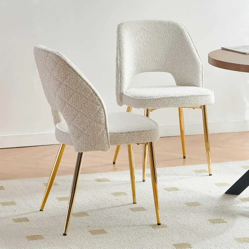 Vista 7 de NORDICANA Juego de 2 sillas de comedor modernas, sillas acentuadas tapizadas en beige bouclé con patas doradas de metal, sillas laterales