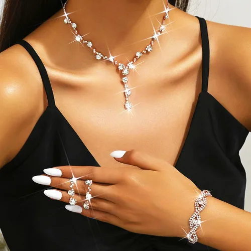 Vista 7 de Unicra - Juego de joyas de boda para novia con diamantes de imitación, collar para novia, pulsera, aretes, joyería de graduación para mujer y novias