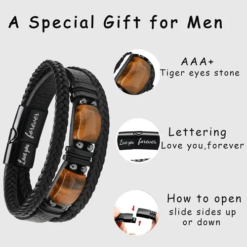Vista 4 de Mens Leather Bracelets for Him Son Birthday Gift for Boyfriend Husband Brother Father's Day Gifts for Dad To My Men Bracelet with 2 Tiger Eyes for