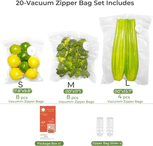 Vista 2 de 20 bolsas reutilizables de sellado al vacío para alimentos, compatibles con la mayoría de selladores al vacío de mano, sin BPA, bolsas Sous Vide
