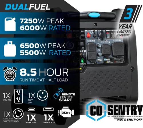 Vista 2 de Pulsar, generador inversor de 7,250 vatios de combustible dual sumamente silencioso con arranque remoto