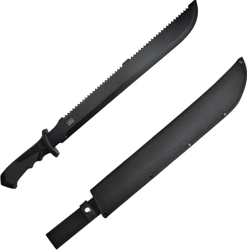 Vista 4 de Survivor Machete de espiga completa de 23.5 pulgadas con hoja de acero 3Cr13MoV de 17.5 pulgadas, acabado oxidado negro, mango de fibra de nailon