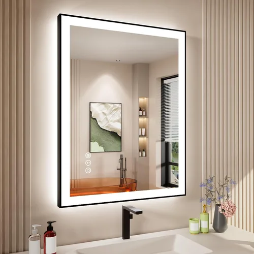 Vista 56 de Espejo de baño LED de 24x28 pulgadas con marco negro, espejos de baño retroiluminados y con luz frontal para pared, antiempañamiento, regulable