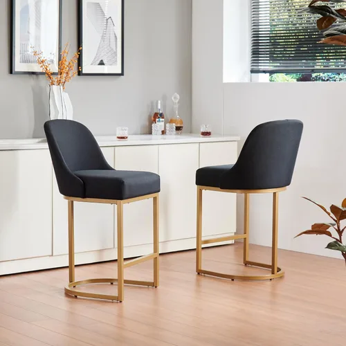 Vista 20 de Leick Home 214536 Barrelback Silla de comedor con base de metal, juego de 2, para comedor, asiento moderno de lino negro y base de metal dorado