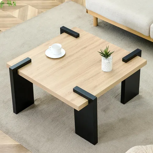 Vista 10 de TesNus Mesa de centro de madera maciza, moderna mesa de centro de ratán con estante de almacenamiento de 2 niveles, mesa de centro rectangular