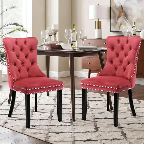 Vista 59 de Juego de 2 sillas de comedor de terciopelo con patas de madera, color beige Mid Century Modern Dining Chairs,Upholstered Chairs with Nailhead
