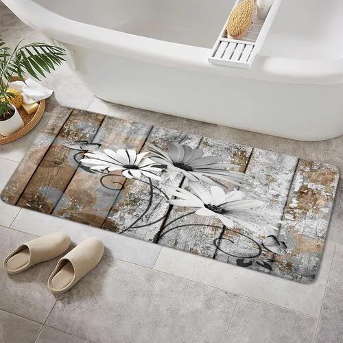 Vista 40 de JAWO Alfombra de baño con flores de granja, dalia en tablones de madera rústica, juego de tapetes de baño con flores azules, en forma de U