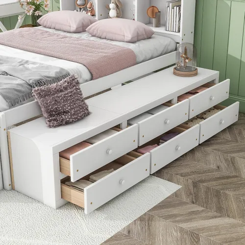 Vista 6 de HomSof Cama matrimonial con cabecero de estantería, cajones de almacenamiento debajo de la cama y estuche de almacenamiento en el extremo