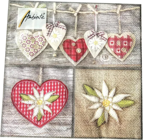Vista 4 de 20 servilletas de corazón Edelweiss de 13 x 13 pulgadas, servilletas decorativas desechables, papel gris, marrón, rojo, blanco, verde, 3 capas