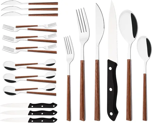 Vista 8 de Juego de cubiertos con cuchillos para carne, 48 piezas, juego de cubiertos para 8 cubiertos de acero inoxidable con mango de grano de madera