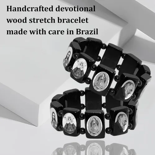 Vista 3 de Catholica Shop Pulseras elásticas de madera religiosas católicas devocionales. Paneles pequeños y grandes con imágenes surtidas de santos, Jesús