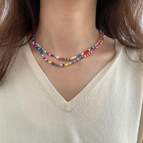 Vista 6 de Colorful Beaded Necklace for Women Beaded Pearl Choker Necklace for Teen Girls Stainless Steel 14K Gold Plated Necklace Y2K Trendy Pearl Necklace