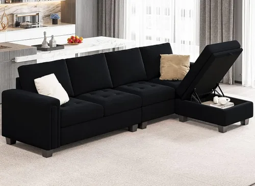 Vista 4 de Belffin Sofá seccional reversible de terciopelo con diván convertible en forma de L de 4 asientos, sofá seccional con almacenamiento otomano