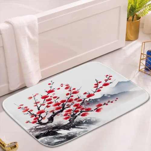 Vista 2 de Alfombra de baño floral con ramas de flor de ciruelo, terciopelo coral, tapete de ducha antideslizante para baño, árbol de flores