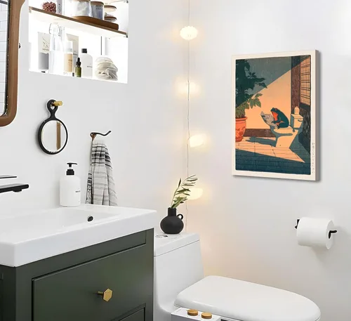 Vista 3 de Divertido lienzo de rana para pared, póster japonés para baño, impresión de animales vintage en el inodoro, lectura de periódicos, pintura japonesa