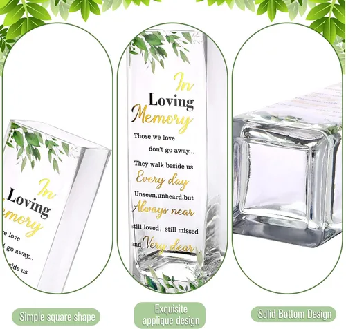 Vista 3 de Hoolerry Jarrón de cristal conmemorativo con tema botánico con versículo de condolencias, transparente, rectangular, 3.15 x 3.15 x 9.84 pulgadas
