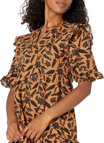 Vista 3 de Goodthreads Vestido escalonado de lino lavado con mangas de codo y cuello dividido para mujer