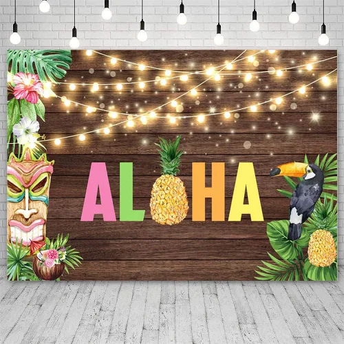 Vista 2 de Telón de fondo Aloha de 7 x 5 pies para fotografía, temática hawaiana tropical, decoración de fiesta Luau, escultura de pájaro, fondo de fotografía