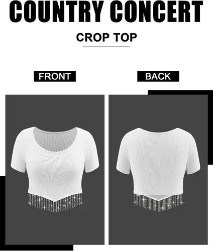 Vista 4 de Dresswel Nashville - Blusa corta brillante de manga corta con flecos de diamantes de imitación para verano, blusa corta con borlas y purpurina