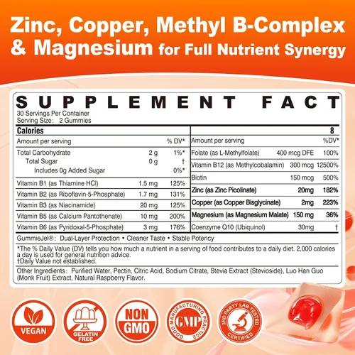 Vista 2 de Gomitas de picolinato de zinc + cobre, magnesio, complejo B metilado, CoQ10 para mujeres y hombres, suplementos de bisglicinato de cobre y zinc