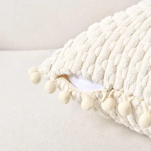 Vista 3 de Fancy Homi - Juego de 2 fundas de cojín decorativas crema blanco de 40 x 40 cm con pompones para sofá cama, decoración de hogar moderna, rústica