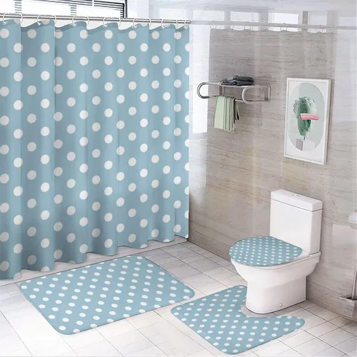 Vista 62 de Juego de 3 alfombras de baño con diseño de lunares, color azul aguamarina, antideslizante, con contorno en forma de U y tapa de inodoro