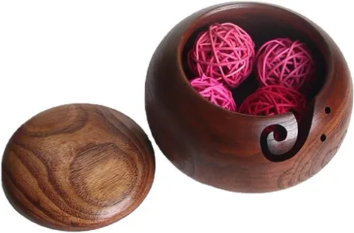 Vista 10 de Joyeee Cuenco de hilo de madera, soporte de hilo para ganchillo, soporte de accesorios para tazón de ganchillo con agujeros hecho a mano para evitar