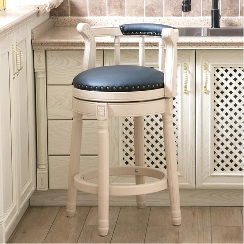 Vista 14 de RAINMOOD Taburetes de bar giratorios de cuero genuino beige mostrador de barra de madera con reposapiés para cocina, comedor, sala de estar