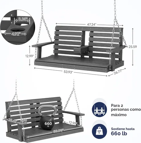 Vista 4 de KINGYES Columpio colgante para porche al aire libre, silla de patio de 2 asientos con portavasos, banco impermeable para patio y jardín, capacidad