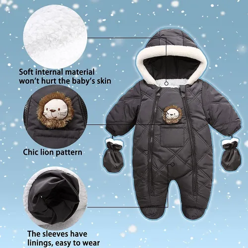 Vista 4 de XIFAMNIY Traje de invierno para bebé, mameluco con capucha para bebé, traje de nieve de león