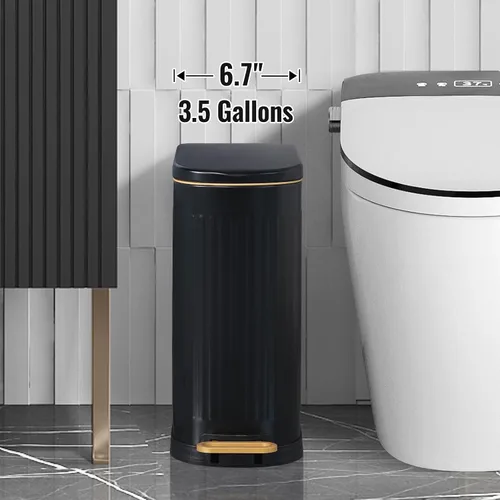 Vista 2 de SYNCVIBE Cubo de basura delgado para baño con tapa de acero inoxidable, bote de basura con cierre suave, cubo de basura con pedal con cubo