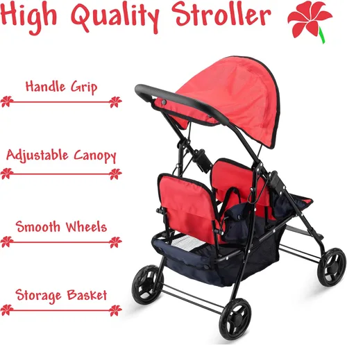 Vista 3 de Hushlily® Tandem - Cochecito de muñeca doble con toldo ajustable y cesta, plegable, con ruedas suaves (rojo y azul)