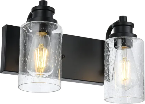 Vista 13 de Lámpara de baño vintage de 3 cabezales en acabado negro mate, pantalla de vidrio transparente clásica, iluminación de baño sobre espejo, lámpara