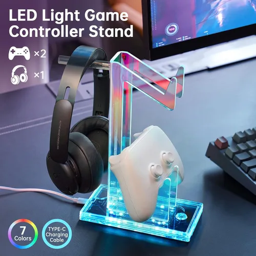Vista 2 de NiHome Iridescent LED Lighting Acrylic Multi-Tier Game Controller Holder & Headset Stand, USB-Powered 7 Colors & 3 Modes, Anti-Slip Gaming
