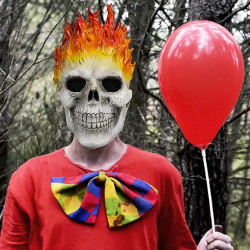 Vista 4 de Máscara de jinete fantasma, máscara de calavera de llama demonio, máscara de esqueleto de cara completa, casco de terror para Halloween