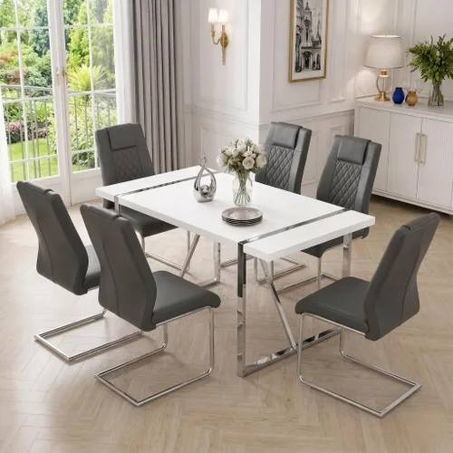 Vista 20 de Juego de mesa de comedor moderna de 55 pulgadas para 4, mesa de comedor negra y marco de metal dorado, mesa de comedor rectangular con 4 sillas