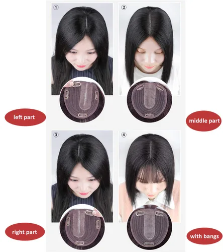 Vista 6 de LXUE Parte superior de cabello humano con base de seda natural para mujeres con cabello gris y delgado, 5 x 5.5 pulgadas, base con flequillo, 8.7