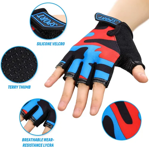 Vista 3 de 8 pares de guantes de medio dedo para niños, guantes de bicicleta sin dedos, transpirables, guantes cortos para niños, guantes antideslizantes