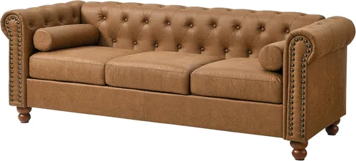 Vista 4 de Juego de 2 piezas Air Leather Chesterfield para sala de estar, sofá y silla Marrón