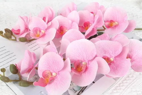 Vista 5 de Orquídeas artificiales de 38 pulgadas, 6 unidades, orquídeas falsas rosas, orquídeas de seda de terciopelo, flores artificiales de tallo largo