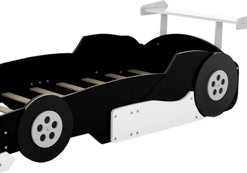Vista 8 de Cama de plataforma en forma de auto de carreras de tamaño individual con ruedas, plataforma de madera con soporte de listones resistentes y rieles