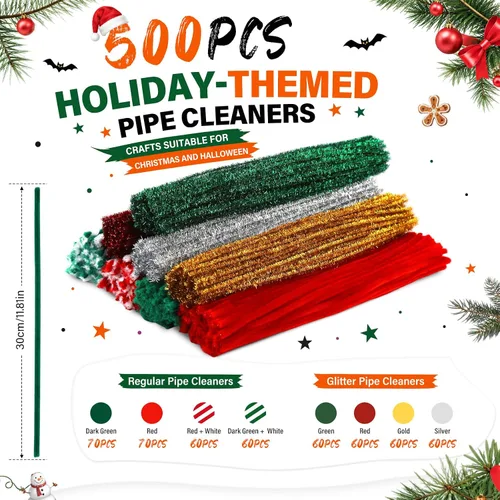 Vista 2 de Limpiapipas de Navidad, 500 piezas de limpieza de tuberías artesanales Colores de Navidad 02