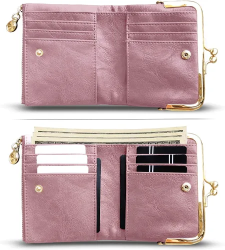 Vista 37 de AOXONEL Cartera para mujer, pequeña, Rfid, compacta, plegable, de piel, vintage, con cremallera y cierre de beso