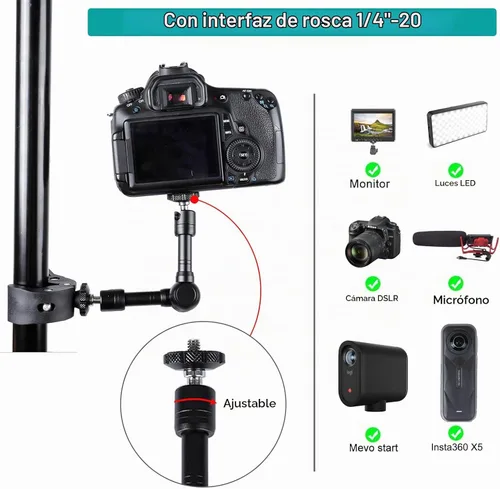 Vista 4 de PellKing Abrazadera de doble abrazadera para cámara, con brazo mágico de 360°, adaptador doble de 1/4 "-20 para paraguas, poste, escritorio