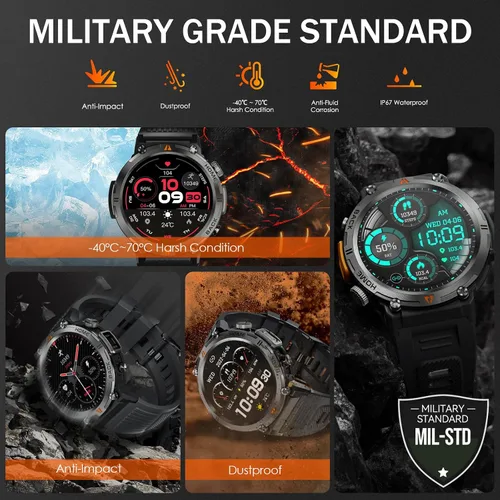 Vista 2 de Reloj inteligente militar para hombres con linterna LED 1.45 "HD 3ATM impermeable Rugged Smart Watch with 100+ Sports Modes Fitness Tracker with
