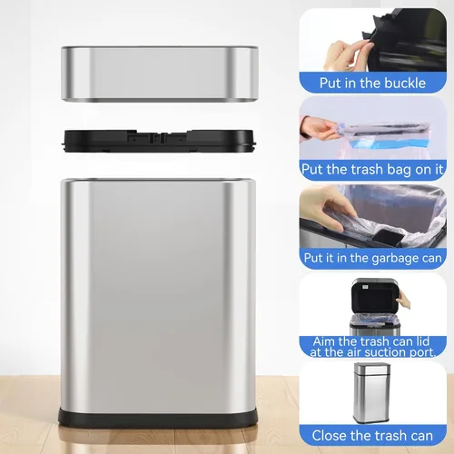 Vista 6 de FRESHLIX Bote de basura de acero inoxidable con sensor de movimiento de 360°, bolsas de absorción automática, tapa de cierre silencioso, sin